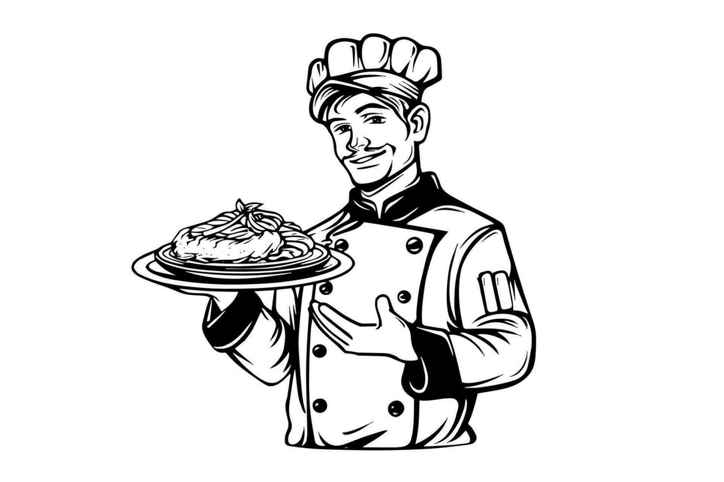 chef in een hoed met pasta logotype gravure stijl vector illustratie.
