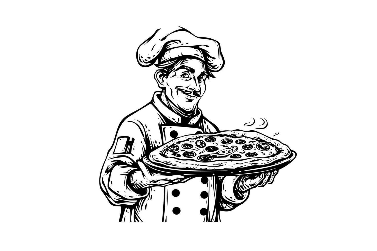 chef in een hoed met pizza logotype gravure stijl vector illustratie.