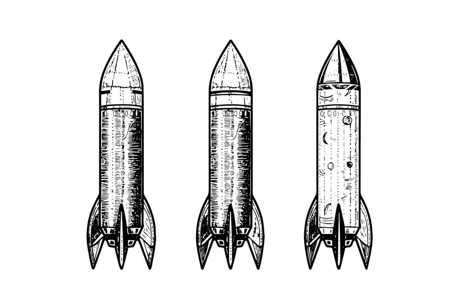 reeks van ruimte raket schetsen gravure stijl vector illustratie.