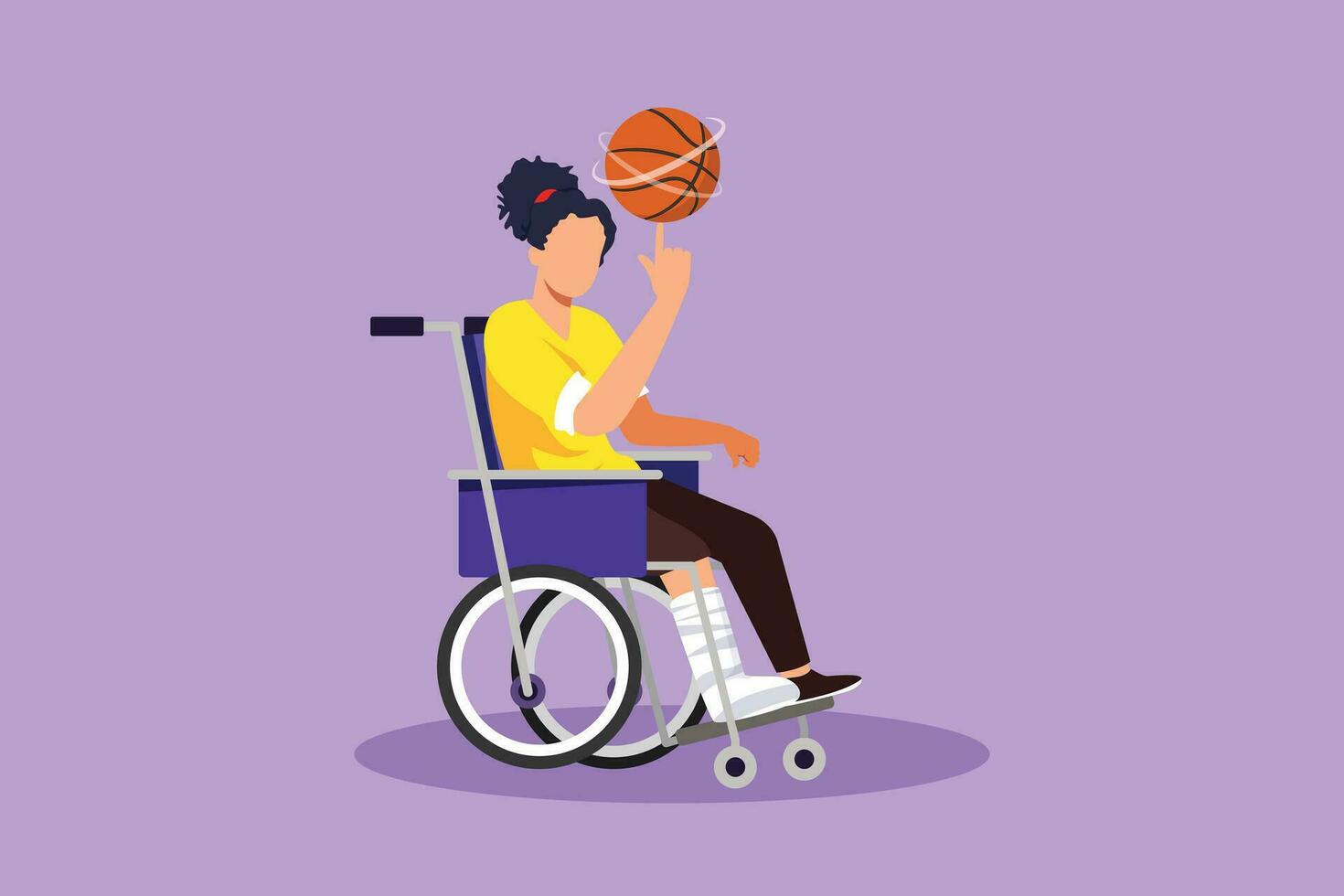 grafisch vlak ontwerp tekening schattig mooi meisje in rolstoel Toneelstukken basketbal. gehandicapt persoon spins basketbal Aan haar vinger. oefening voor mensen met handicaps. tekenfilm stijl vector illustratie