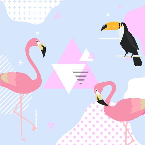 Trendy pastel achtergrond met flamingo en toekan vector