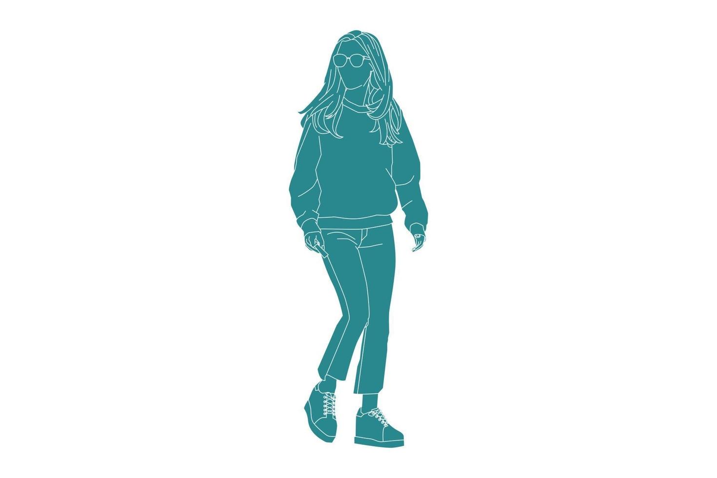 vectorillustratie van vrouw op de zijweg met zonnebril, vlakke stijl met omtrek vector