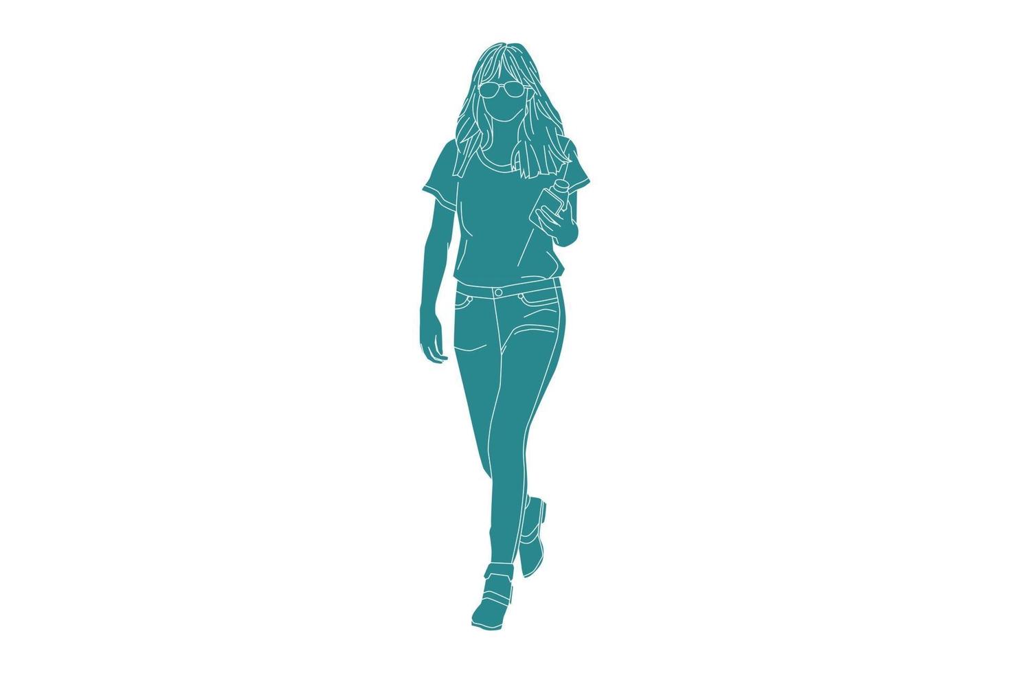 vectorillustratie van vrouw lopen op de zijweg met telefoon, vlakke stijl met outline vector