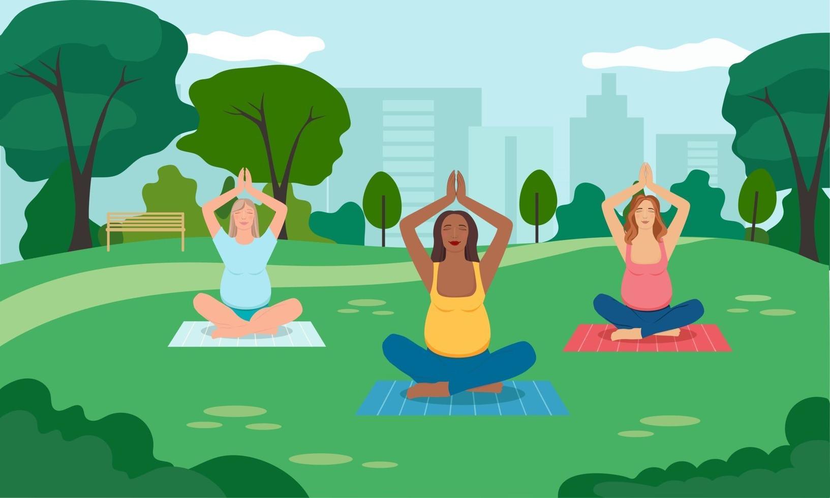 concept illustratie voor prenatale yoga, meditatie, ontspannen, gezonde levensstijl. zwangere vrouwen mediteren in het park. illustratie in platte cartoonstijl. vector