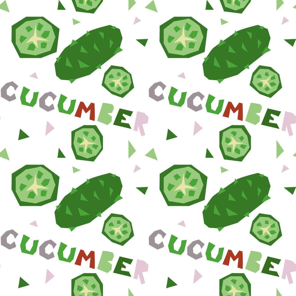 naadloos patroon van meetkundig komkommer, hand getekend, met een inscriptie. vector illustratie van groenten geheel en in sectie. voor omhulsel papier, straat festival, boer markt, land eerlijk