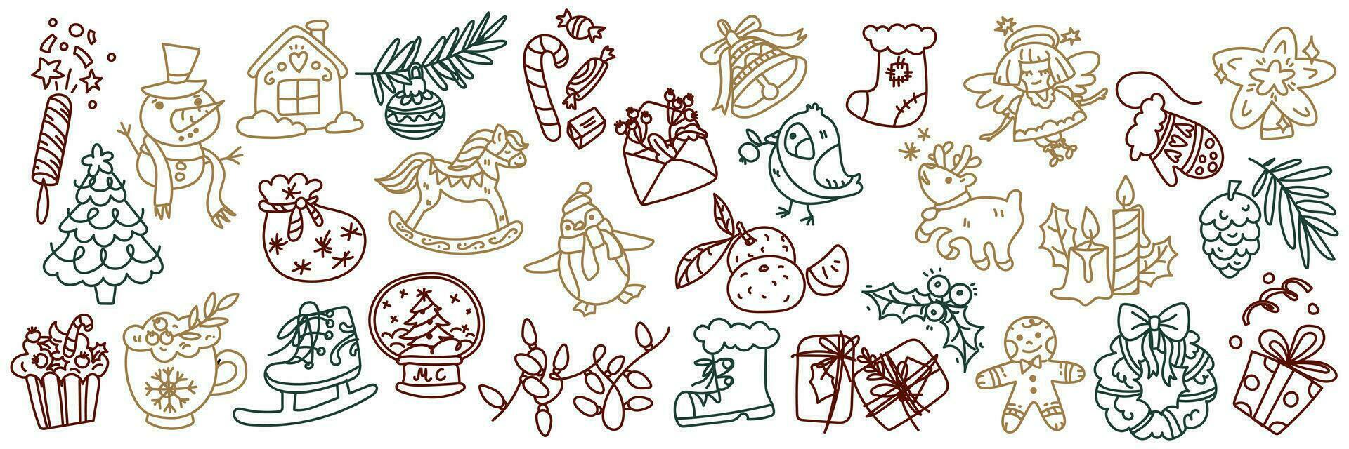 een reeks van gekleurde doodles voor de nieuw jaar. vector illustraties getrokken door hand. contour tekeningen van Kerstmis accessoires, voedsel, en comfort artikelen. tekening elementen Aan een wit achtergrond voor ontwerp