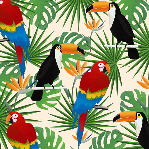 Tropische naadloze patroonachtergrond met papegaaien, toekannen en tropische bladeren vector