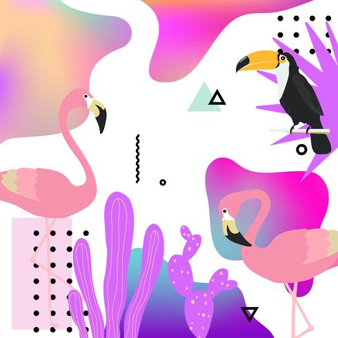 Trendy vloeibare achtergrond met flamingo, toekan en tropische bladeren vector