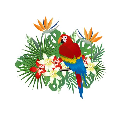 Tropische achtergrond met papegaai en tropische bladeren vector