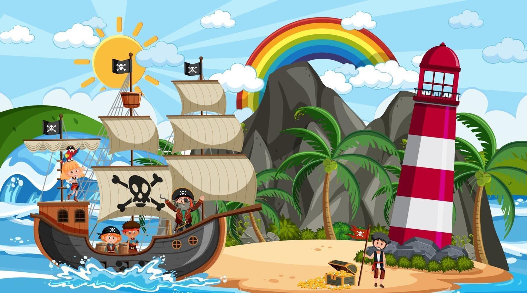 strand met piratenschip overdag in cartoon-stijl vector