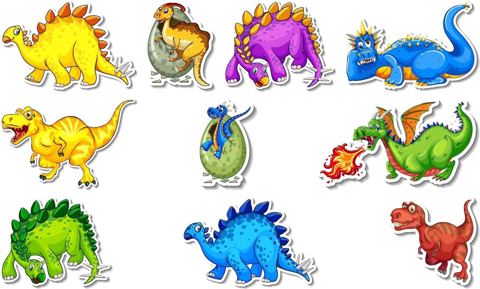 stickerset met verschillende soorten stripfiguren van dinosaurussen vector