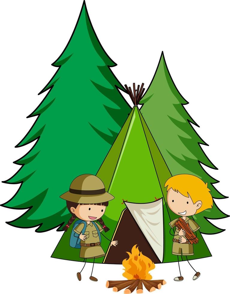 camping tent met doodle kinderen stripfiguur geïsoleerd vector