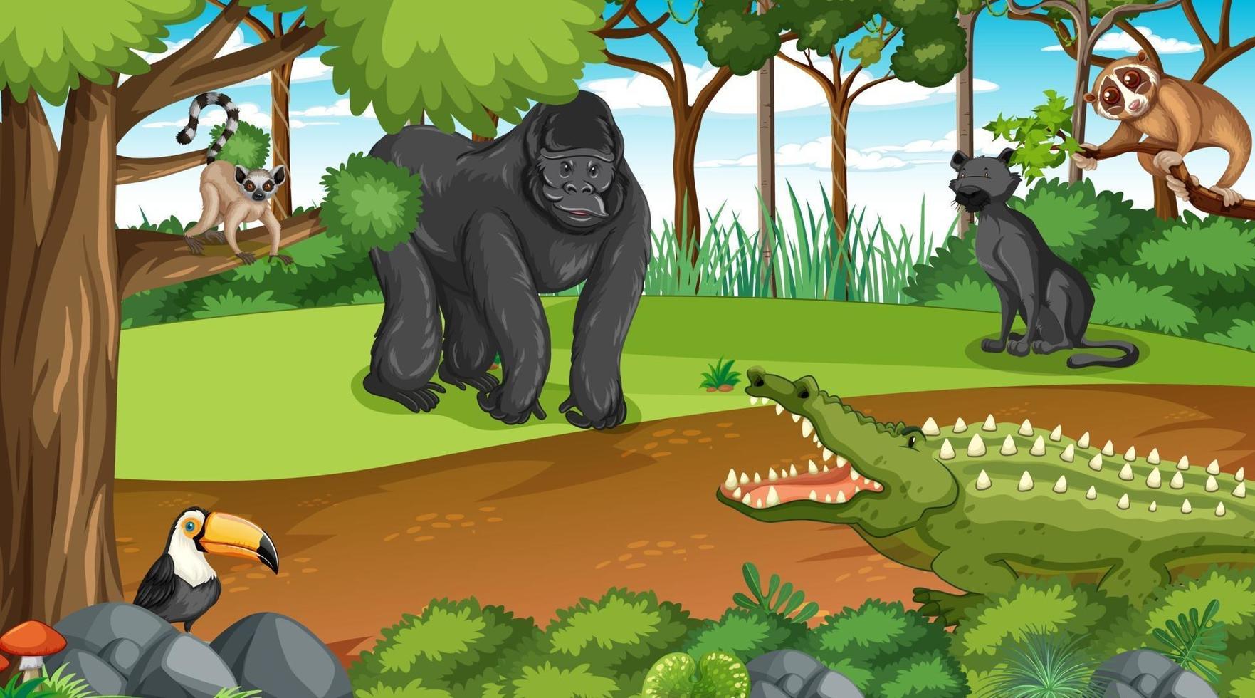 gorilla met andere wilde dieren in de bos- of regenwoudscène vector