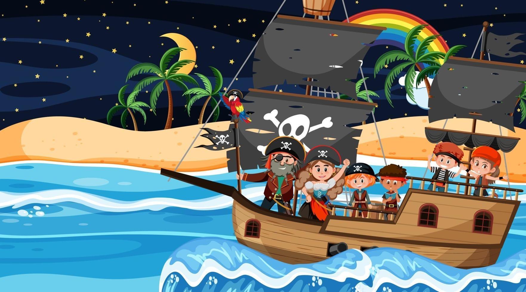 Treasure Island-scène 's nachts met piratenkinderen op het schip vector