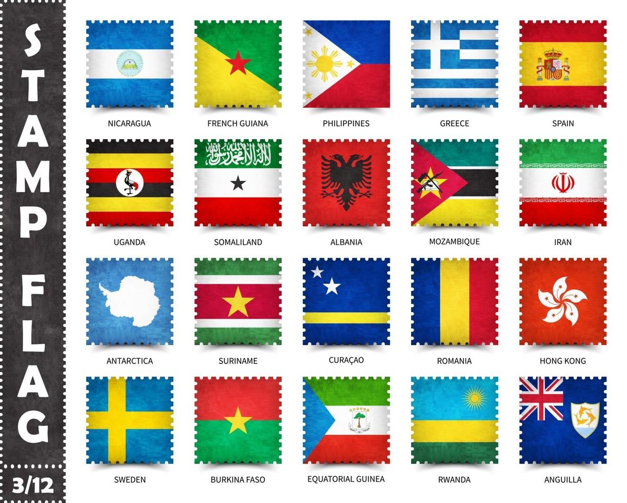 stempel met officieel landvlagpatroon en oude grungetextuur en landennaam. vierkant . vector. set 3 van 12 op deze serie. alle nationale vlaggen van de wereld. vector