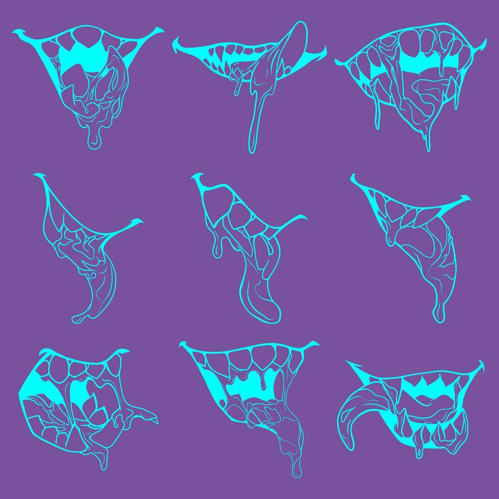 vrij vector lijn kunst verzameling van mond en tanden monster lachend onheil en brullen neon thema