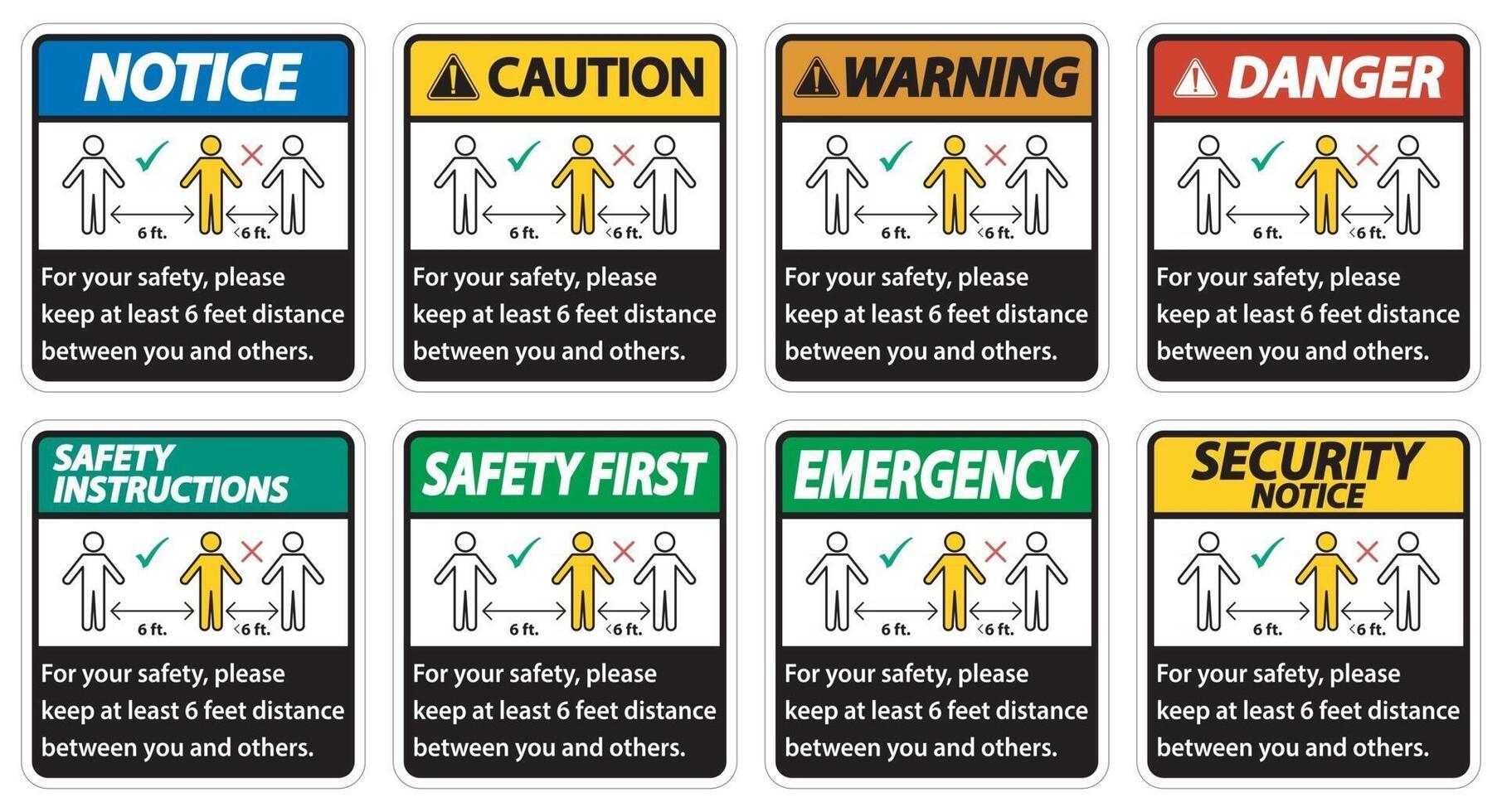 houd 6 voet afstand, voor uw veiligheid, houd minstens 6 voet afstand tussen u en anderen. vector
