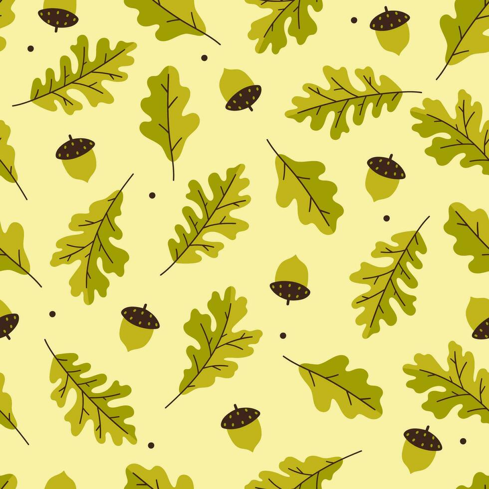 naadloos patroon met eik bladeren en eikels in groen kleuren. vector grafiek.