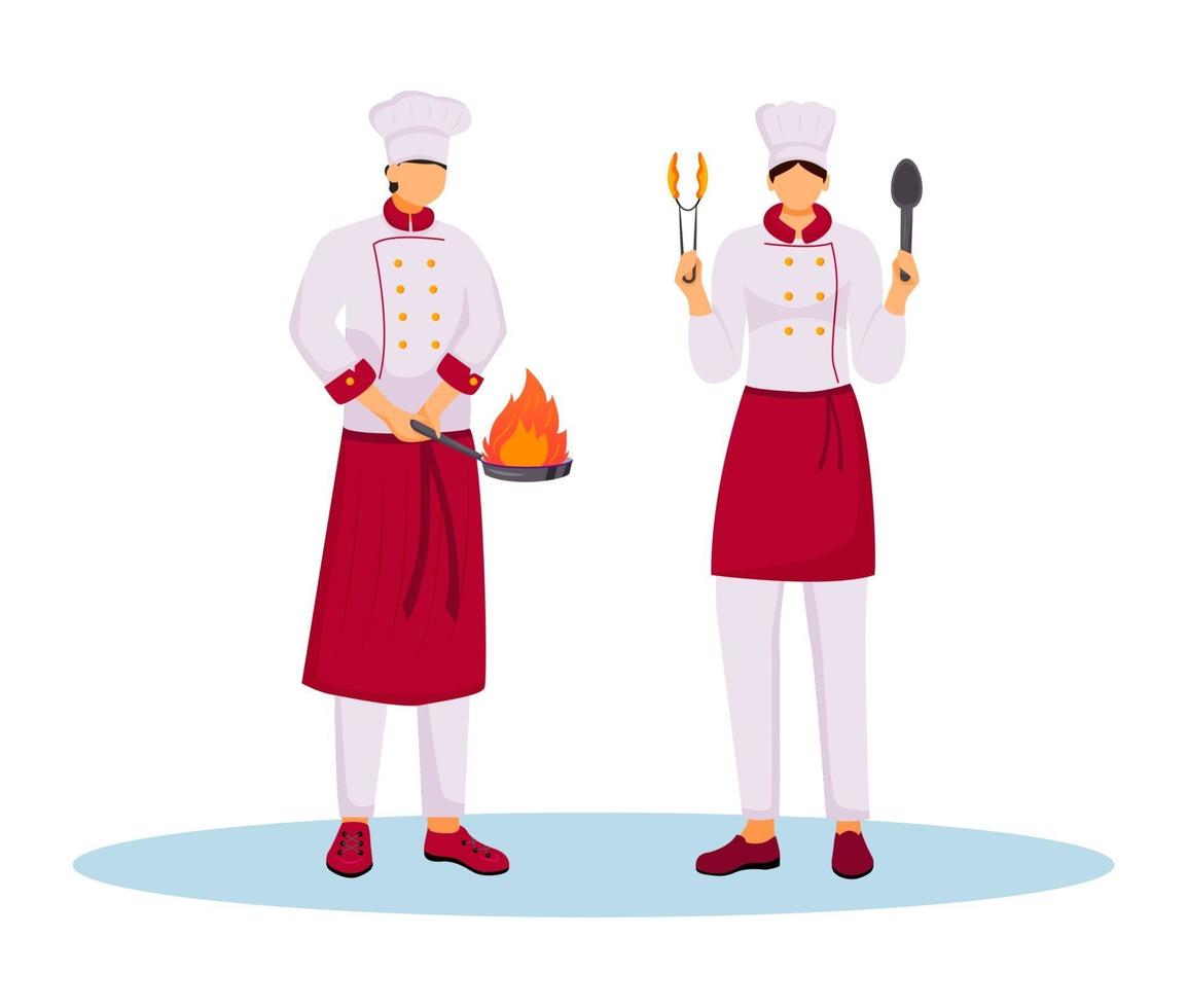 hotelchefs in uniforme egale kleur vectorillustratie. keukenpersoneel, servicepersoneel, restaurantpersoneel. twee koks met kookgerei geïsoleerde stripfiguren op een witte achtergrond vector