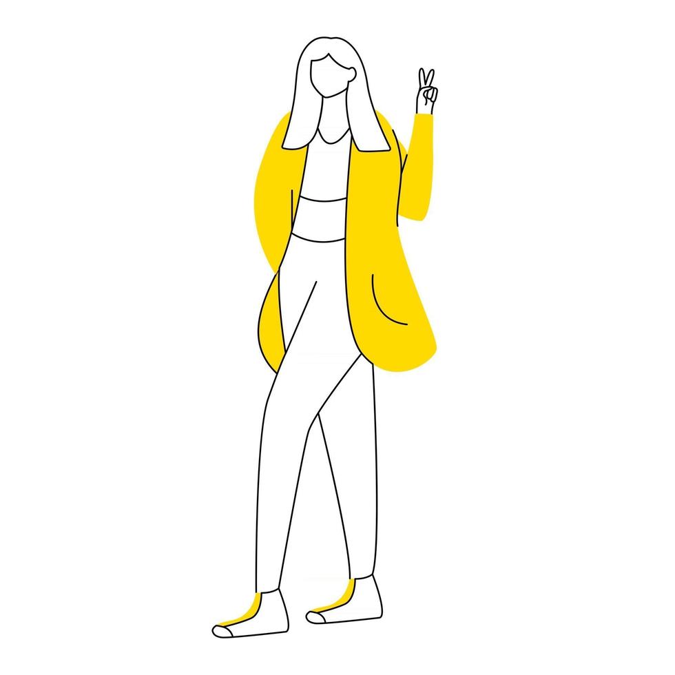 tiener meisje toont v-teken platte contour vectorillustratie. jonge vrouw in casual kleding gebaren overwinning teken geïsoleerde stripfiguur omtrek op witte achtergrond. tiener levensstijl eenvoudige tekening vector