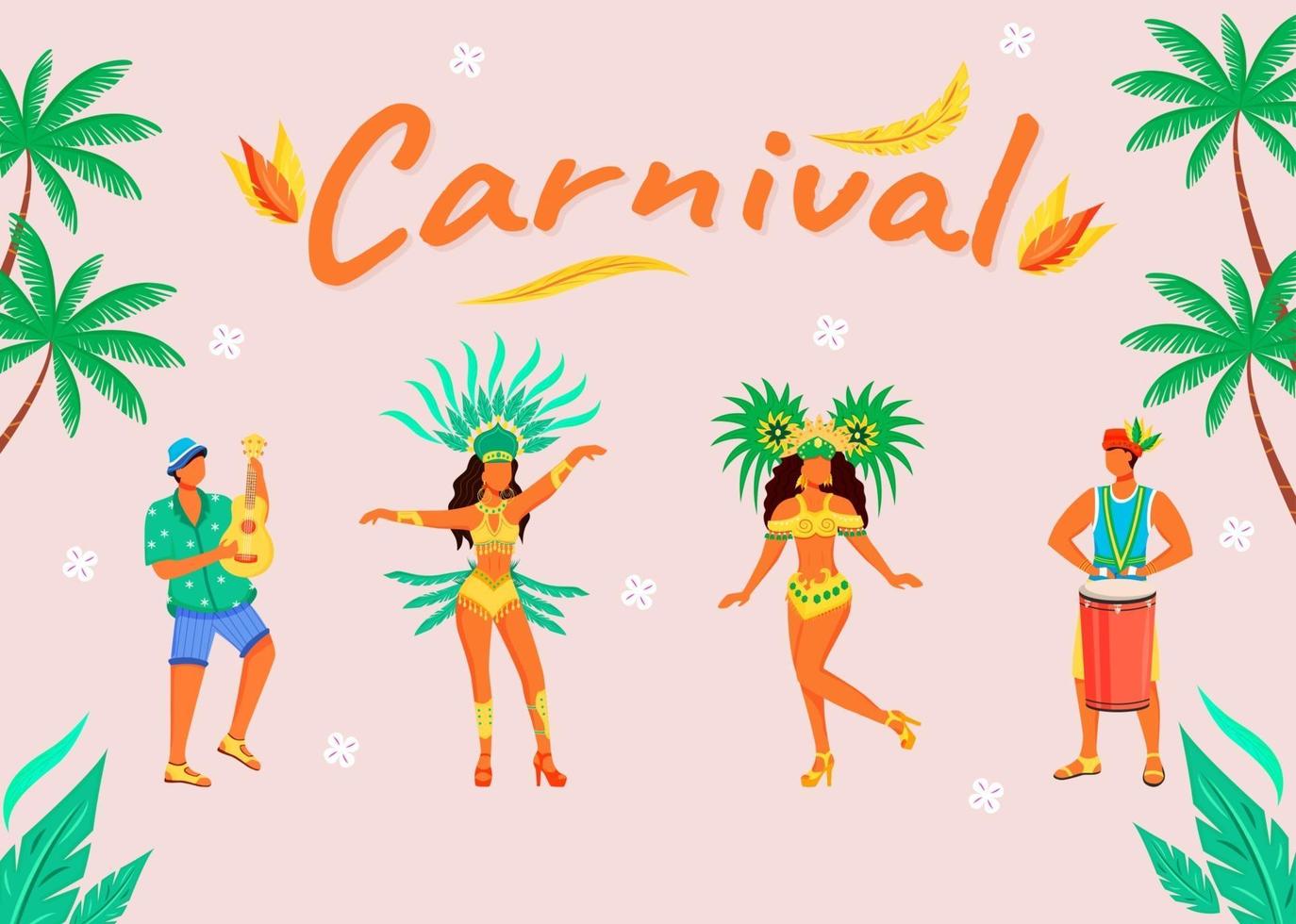 carnaval banner platte vector sjabloon. horizontale poster met conceptenontwerp. mannen spelen op traditionele muziekinstrumenten cartoon afbeelding met typografie. latino dames op roze achtergrond