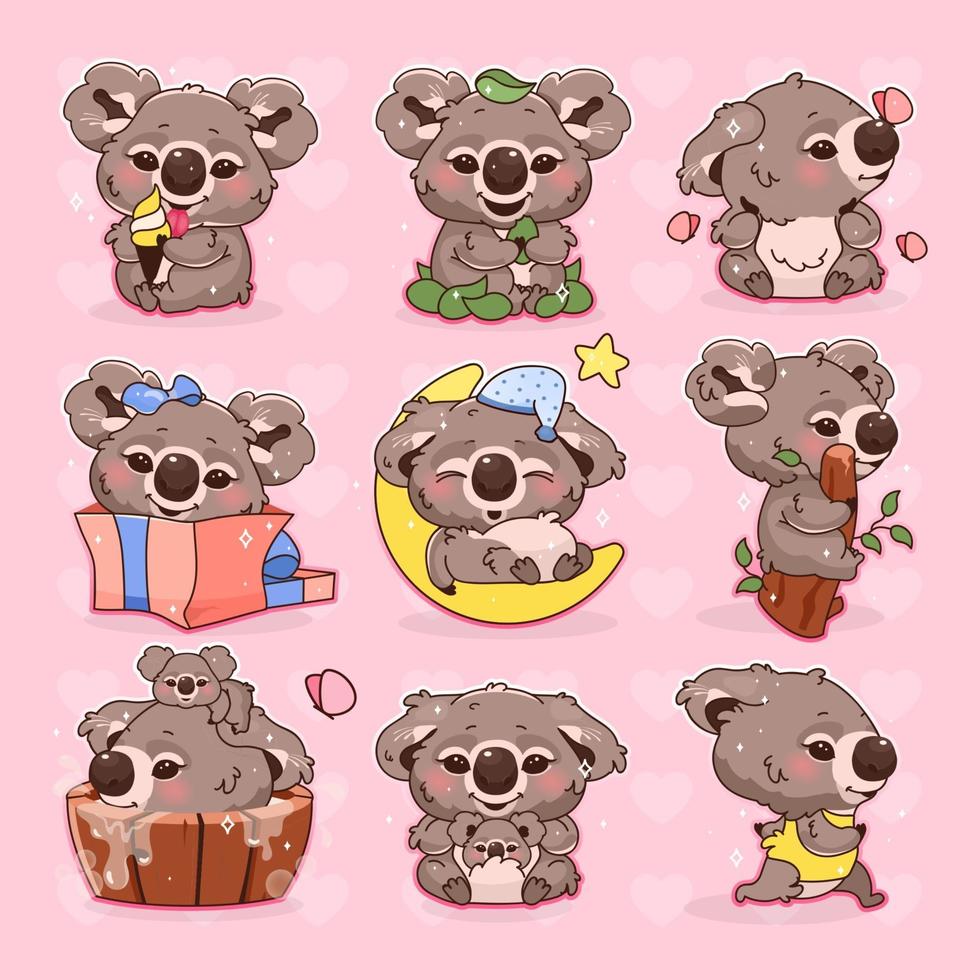 schattige koala kawaii cartoon vector tekens instellen. schattige en grappige lachende dieren eten, eucalyptus, slapen, geïsoleerde stickers rennen, patches pack. anime baby koala met moeder op roze achtergrond