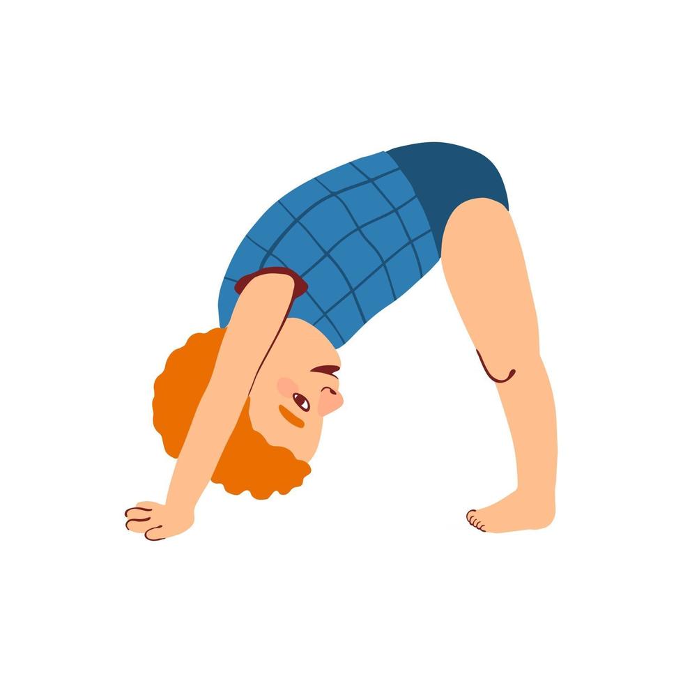 kleurrijke vectorillustratie van kleine jongen die yoga adho mukha svanasana doet, geïsoleerd op een witte achtergrond vector