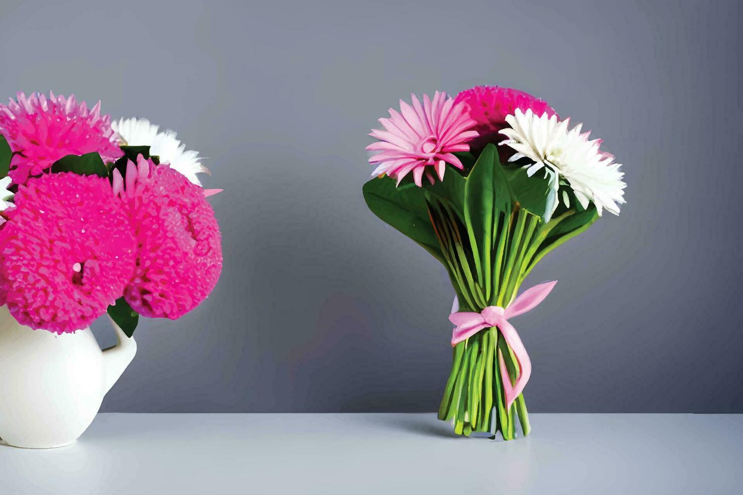 bevallig en tijdloos een minimalistische elegant nog steeds leven bloemen samenstelling met een boeket van roze gerbera bloemen Aan een knapperig wit achtergrond. vector