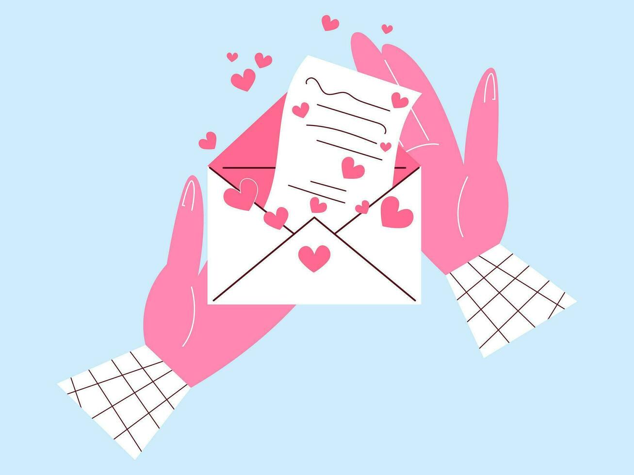 brief in een envelop met harten. houden een liefde brief in uw handen. vector, vlak illustratie in retro stijl. vector