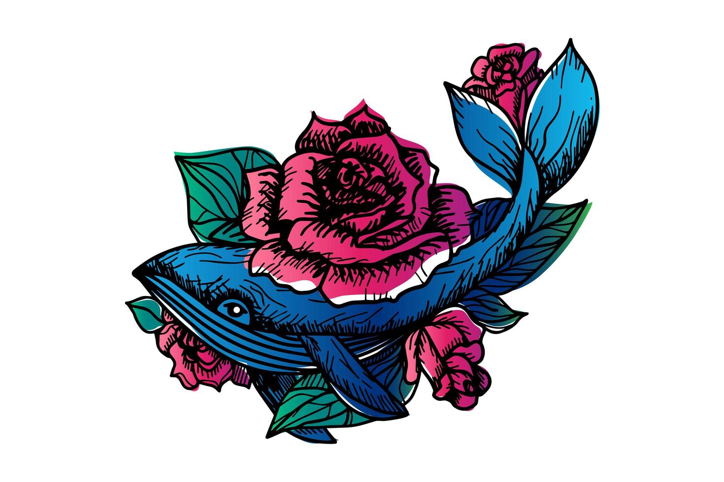 walvis en roze rozen hand getekende vectorillustratie vector