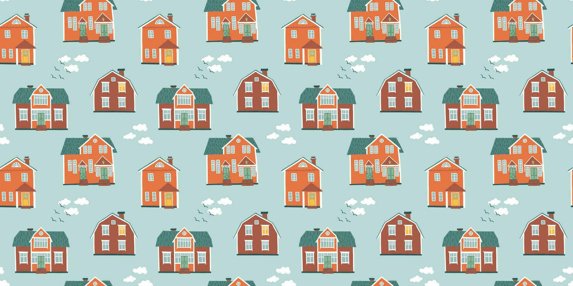 naadloos patroon met schattig huisjes. hand- getrokken Scandinavisch huizen. kleurrijk knus gebouwen. hand- getrokken vlak stijl vector illustratie.