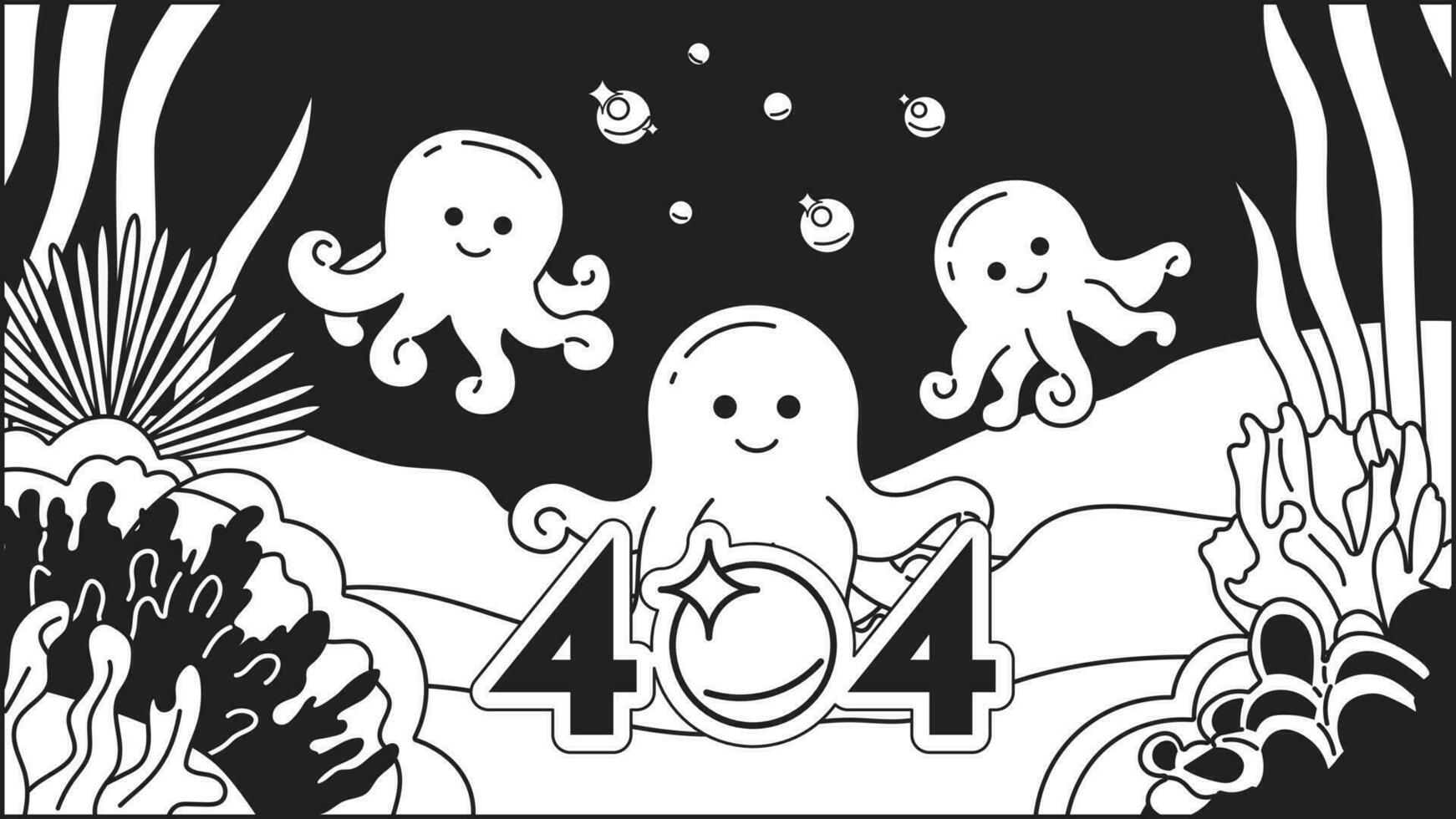 octopussen onderwater- bubbels zwart wit fout 404 flash bericht vector