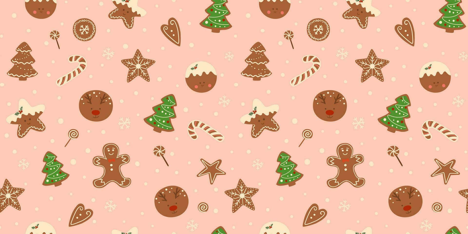 Kerstmis koekjes naadloos patroon Aan roze achtergrond. vector Kerstmis toetje herhaling afdrukken, hand- getrokken smakelijk peperkoek illustratie. zoet ontwerp voor behang, textiel, achtergrond, omhulsel papier.