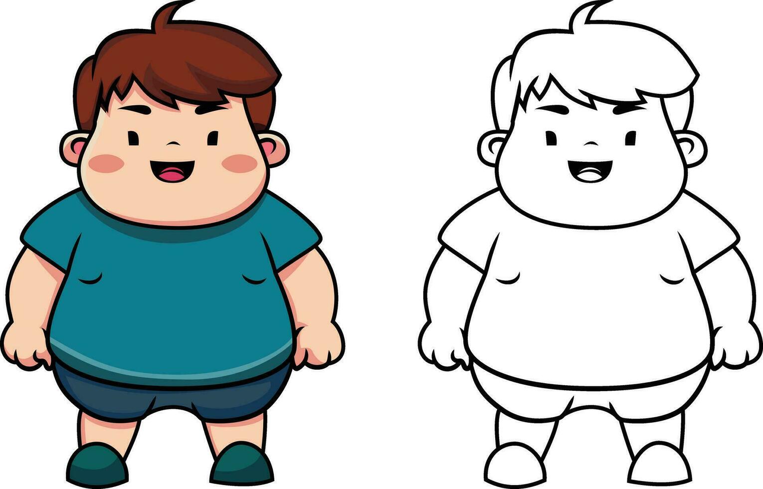 dik kind tekenfilm vector illustratie, gelukkig zwaarlijvig jongen tekenfilm karakter gekleurde en zwart en wit voorraad vector beeld