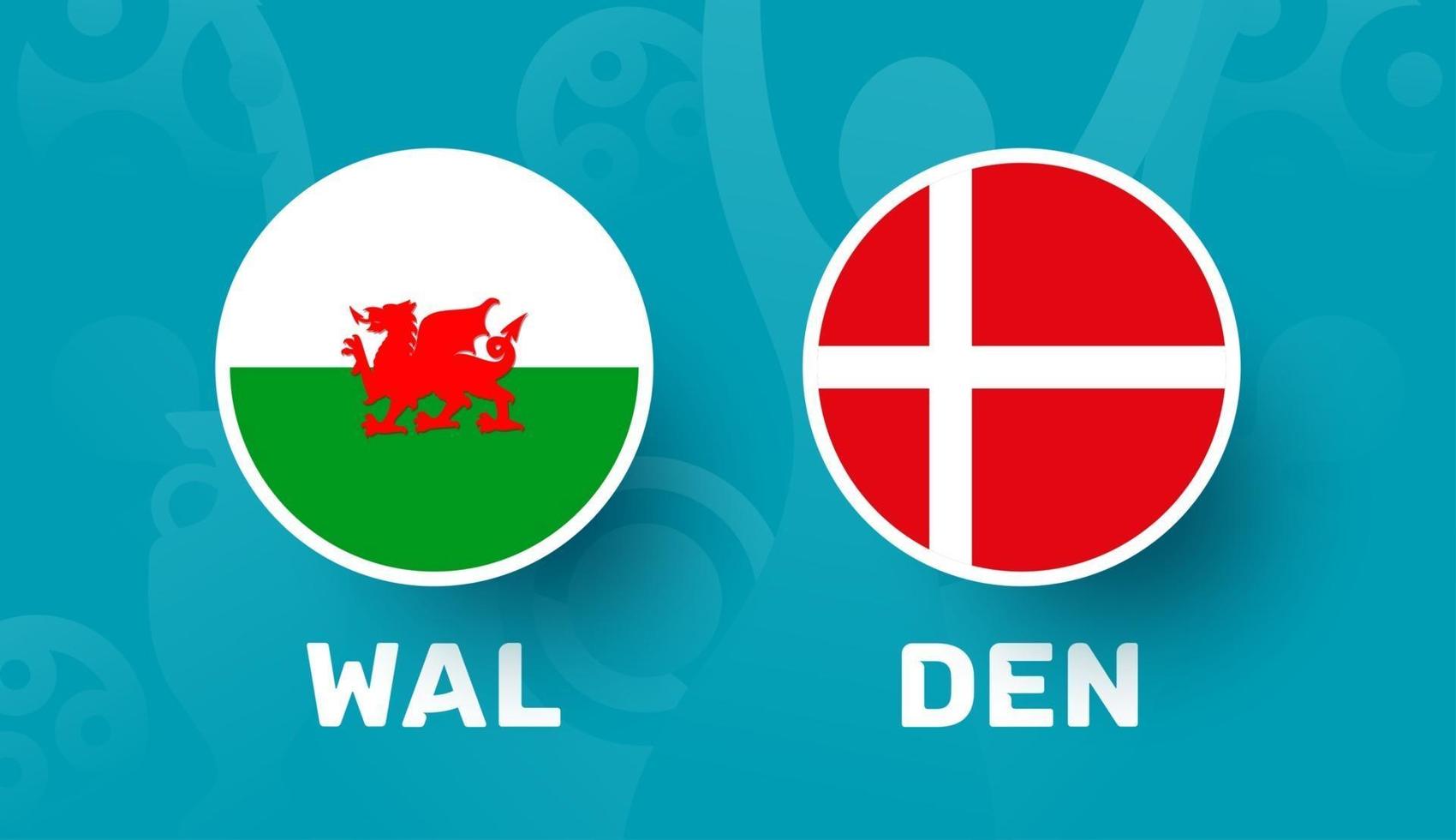 wales vs denemarken ronde van 16 wedstrijd, europees voetbalkampioenschap 2020 vectorillustratie. voetbal 2020 kampioenschapswedstrijd versus teams intro sport achtergrond vector