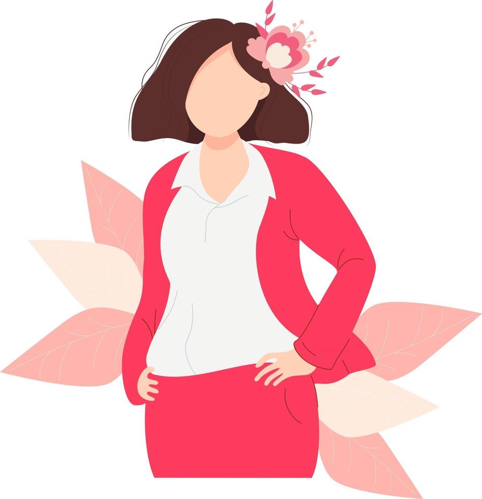 zakenmeisje in een pak en met een bloem in haar kapsel, handen aan een riem vector