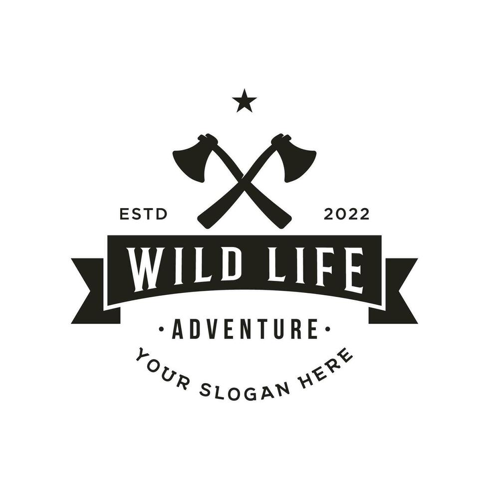 avontuur overleving bijl logo ontwerp met wijnoogst hipster kampvuur voor camping, avontuur en etiketten. vector