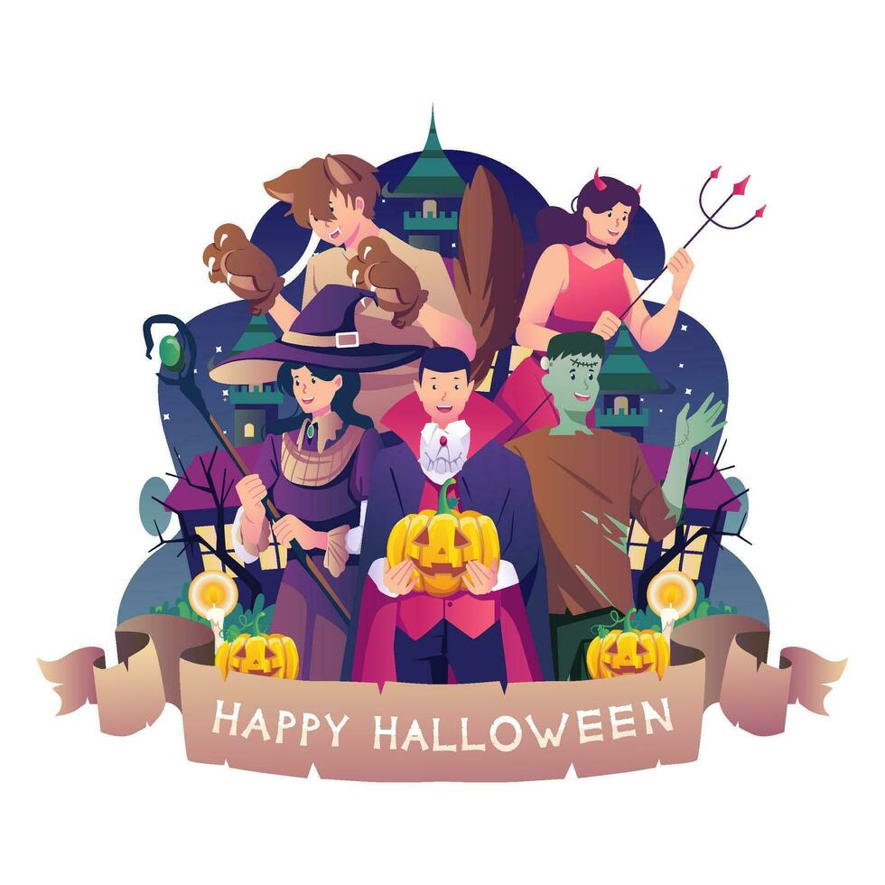 gelukkig halloween kinderen met hun ouders en halloween pompoenen illustratie bundel pak oktober vector eps