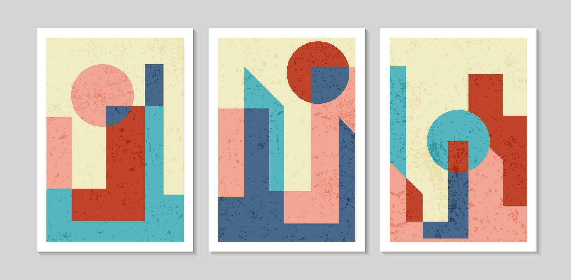 reeks van abstract hedendaags midden eeuw posters met meetkundig vormen. ontwerp voor behang, achtergrond, muur decor, omslag, afdrukken, kaart. modern boho landschap minimalistische kunst. vector illustratie.