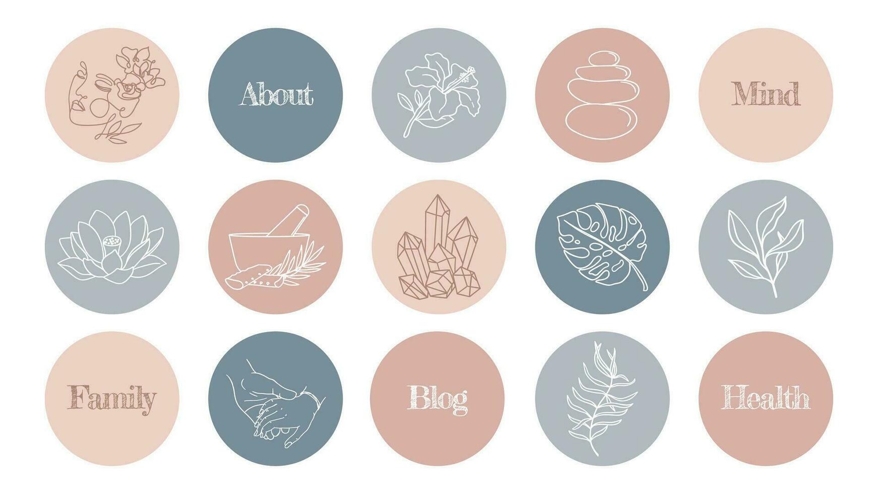 een reeks van highlights natuurlijk tinten gemakkelijk blauw en beige pictogrammen voor een blog over cosmetica, geneeskunde en mentaal Gezondheid. vector