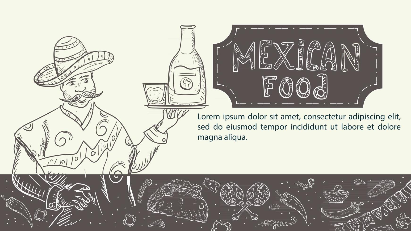 illustratie een schets met de hand getekend voor een ontwerp met als thema Mexicaans eten een mexicaan met een dienblad in zijn hand waarop een fles tequila staat vector