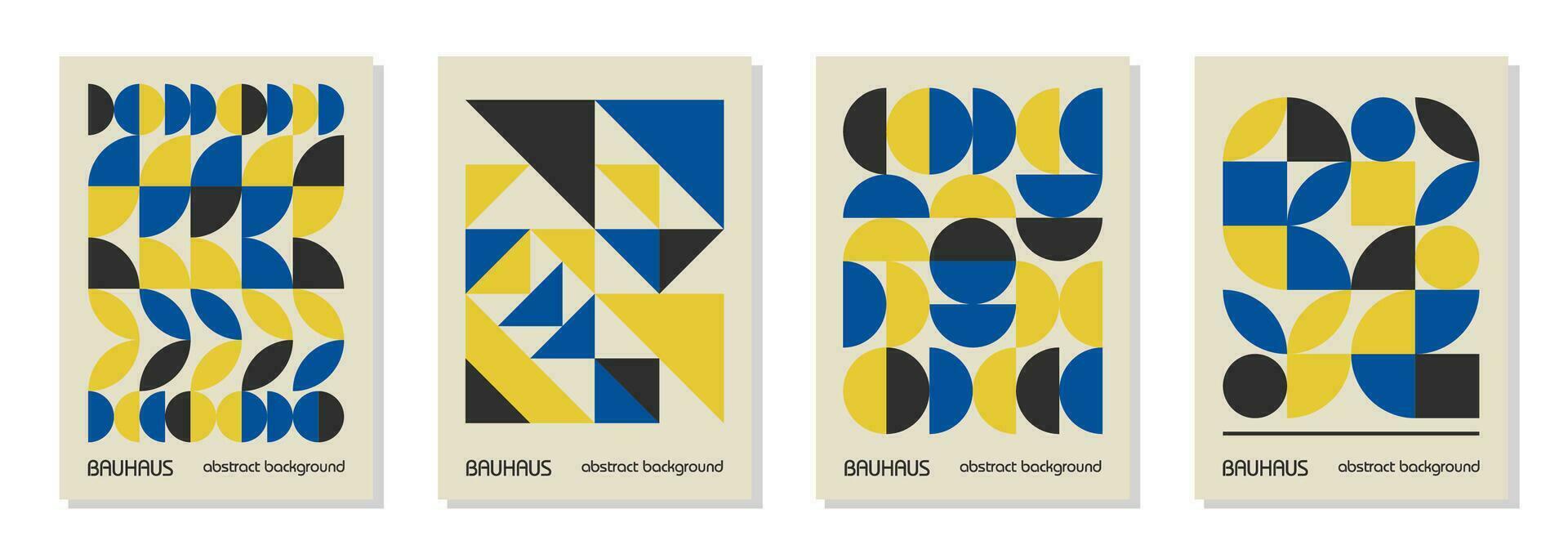 reeks van 4 minimaal wijnoogst Jaren 20 meetkundig ontwerp affiches, muur kunst, sjabloon, lay-out met primitief vormen elementen. bauhaus retro patroon vector achtergrond, blauw, geel en zwart oekraïens vlag kleuren