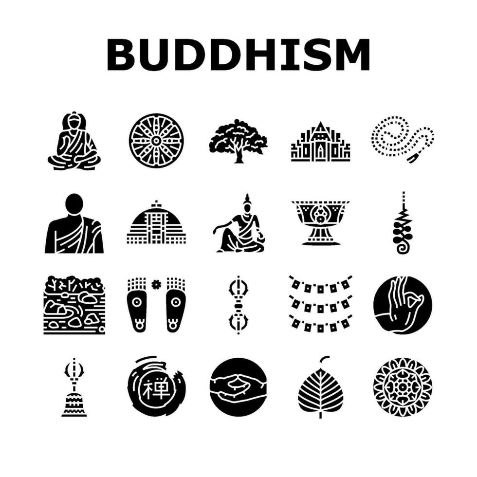 Boeddhisme Boeddha lotus meditatie pictogrammen reeks vector