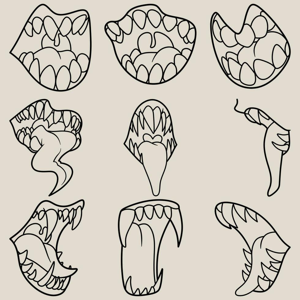 vrij vector verzameling van lijn kunst illustraties van vechten monster monden met lang tongen