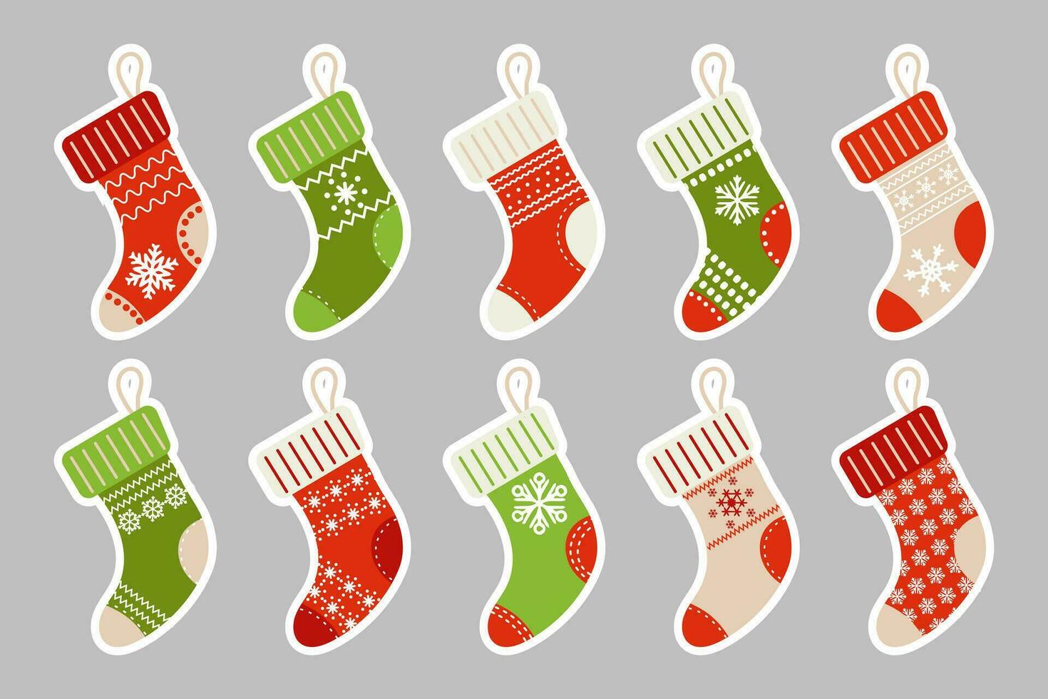 winter Kerstmis sokken met sneeuwvlok ornament, stickers set. pictogrammen, vector