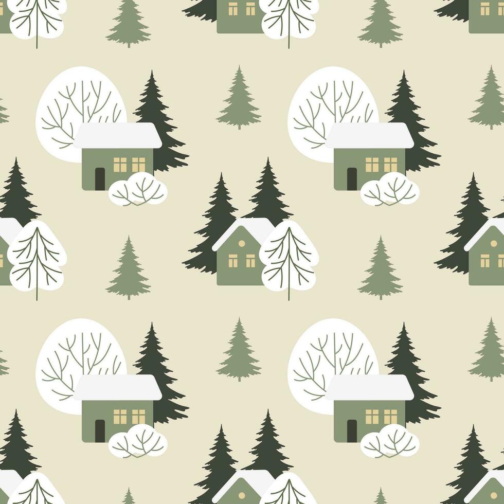 naadloos patroon, winter landelijk landschap met huizen in de sneeuw, Spar bomen en bomen. afdrukken, vector