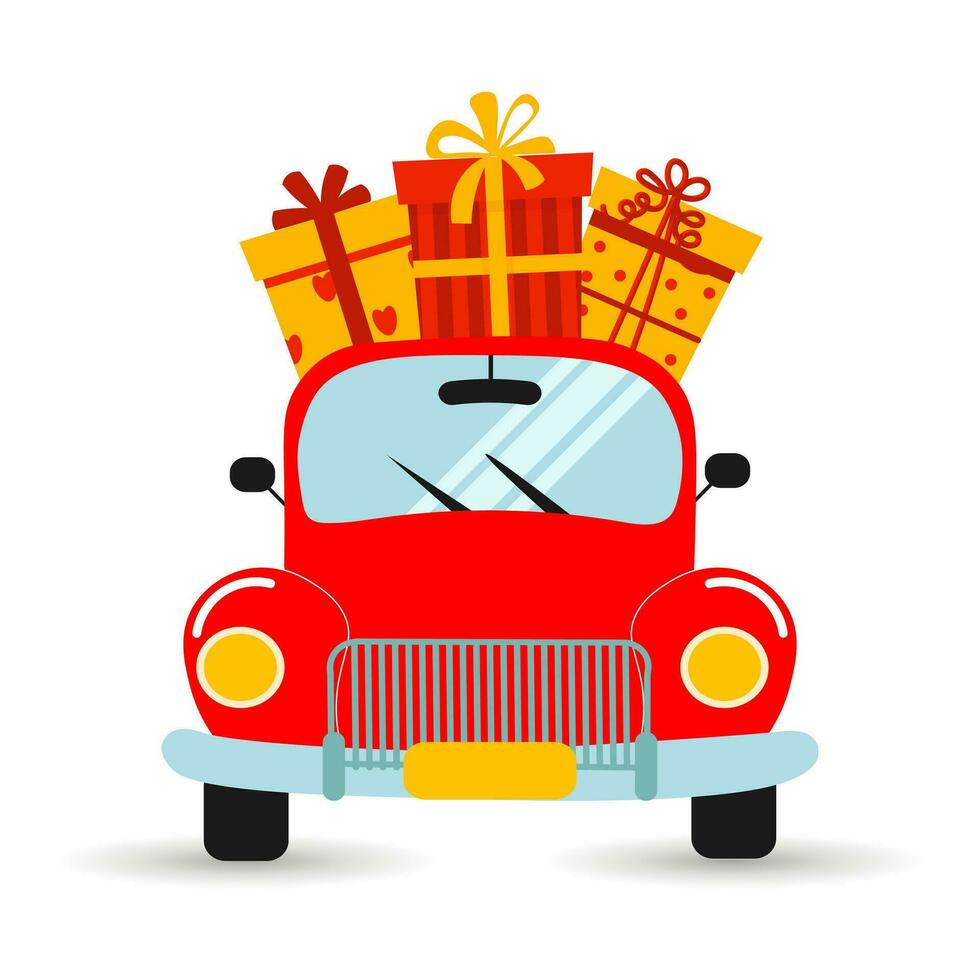 schattig tekenfilm auto met geschenk dozen. groet kaart, illustratie, vector
