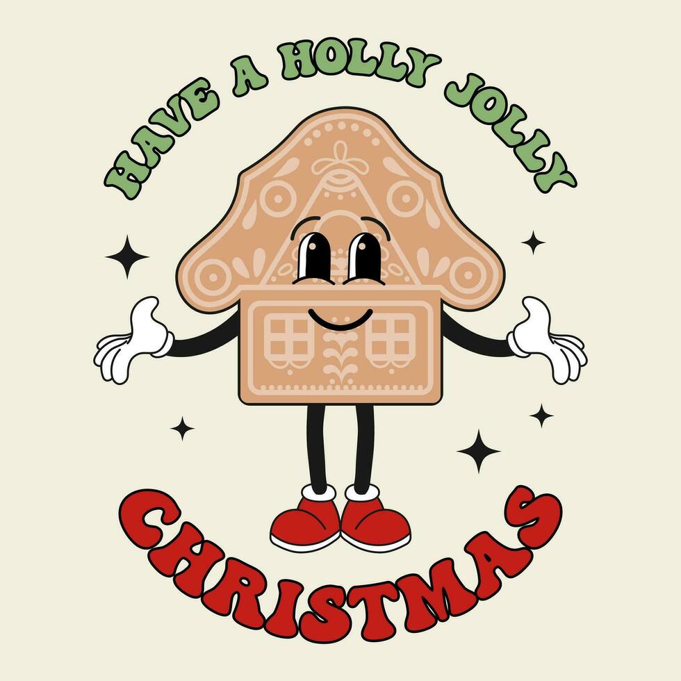 retro groovy hippie Kerstmis peperkoek huis karakter met kalligrafie. Kerstmis vakantie kaart in modieus tekenfilm stijl. vector