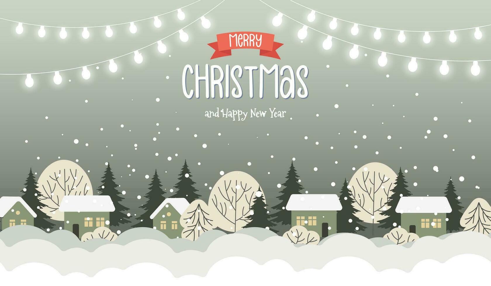 Kerstmis dorp landschap illustratie met schattig huizen, Spar bomen en slingers met lichten. illustratie met belettering in vlak stijl. vector