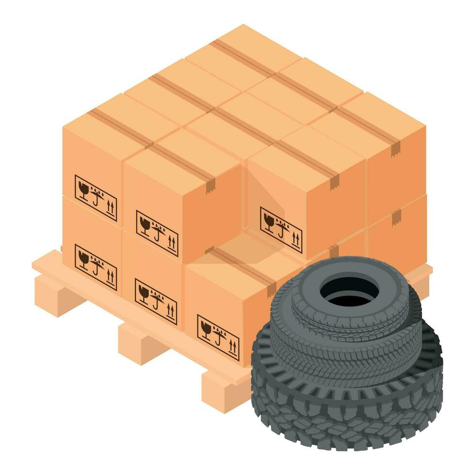 warehousing icoon isometrische vector. houten pallet met doos en nieuw auto band icoon vector